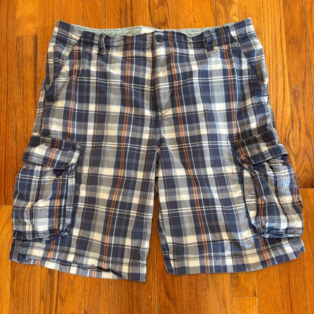 Aeropostale Mens 38 Cargo Shorts Blue Plaid Authentic Drawstring 10" Inseam - Picture 1 of 7